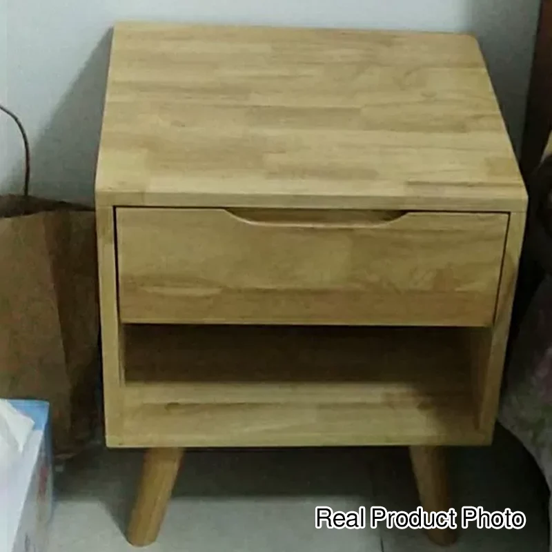 Contemporary Scandinavian Square Tabletop Rubberwood Nightstand 1-Drawer For Bedroom