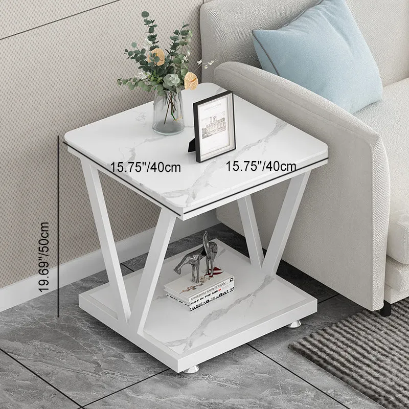 Modern Minimalist Square Sintered Stone Carbon Steel Removable Side Table 2-Tier For Living Room
