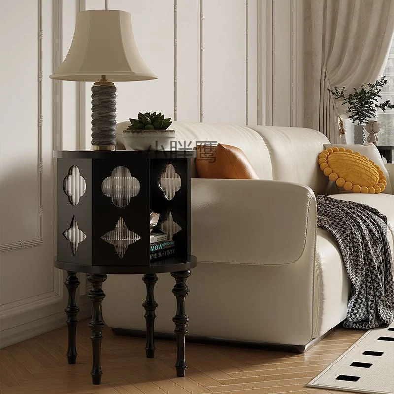Traditional Vintage Cylinder Round Checkerboard Ash Wood Acrylic End Table 1-Storage For Living Room
