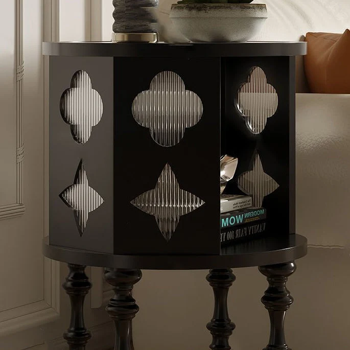 Traditional Vintage Cylinder Round Checkerboard Ash Wood Acrylic End Table 1-Storage For Living Room