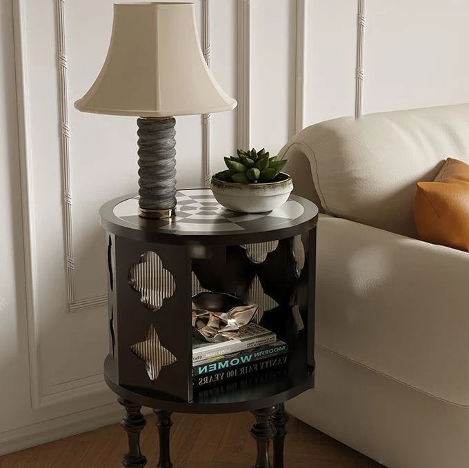 Traditional Vintage Cylinder Round Checkerboard Ash Wood Acrylic End Table 1-Storage For Living Room