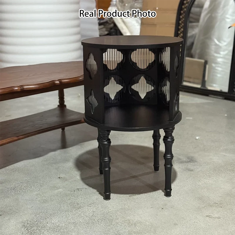 Traditional Vintage Cylinder Round Checkerboard Ash Wood Acrylic End Table 1-Storage For Living Room