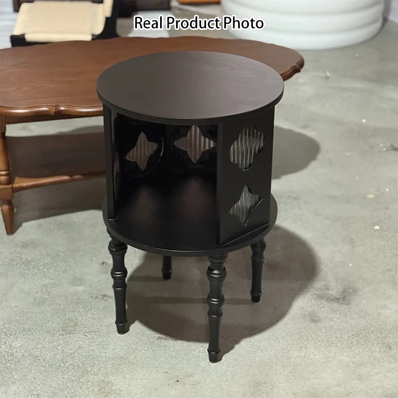 Traditional Vintage Cylinder Round Checkerboard Ash Wood Acrylic End Table 1-Storage For Living Room