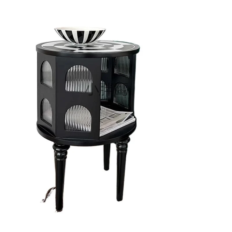 Traditional Vintage Cylinder Round Checkerboard Ash Wood Acrylic End Table 1-Storage For Living Room