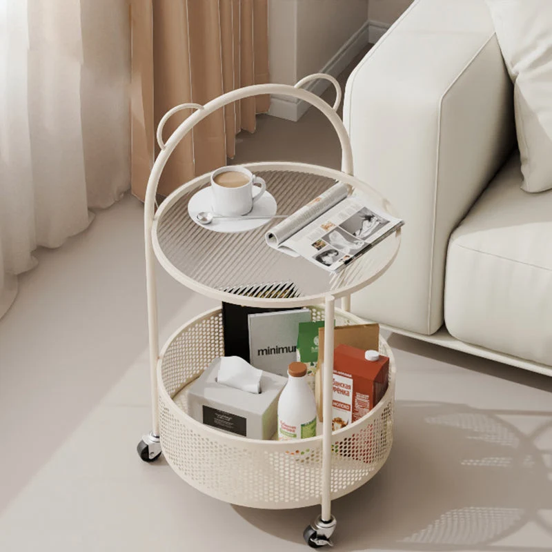 Contemporary Simplicity Round Glass Iron Top Movable Side Table 2-Tier Storage Shelves For Living Room