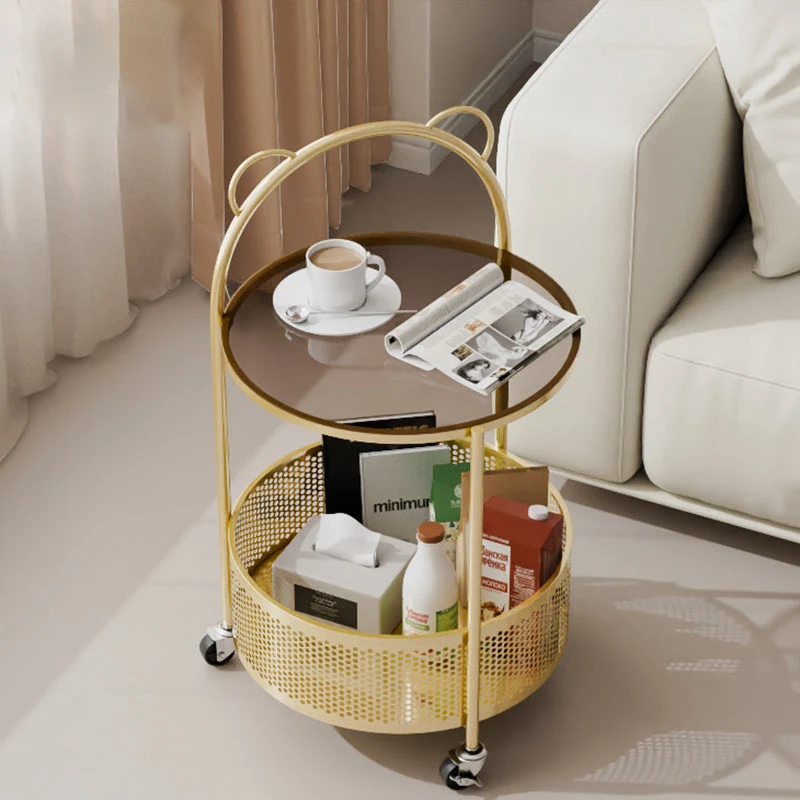 Contemporary Simplicity Round Glass Iron Top Movable Side Table 2-Tier Storage Shelves For Living Room