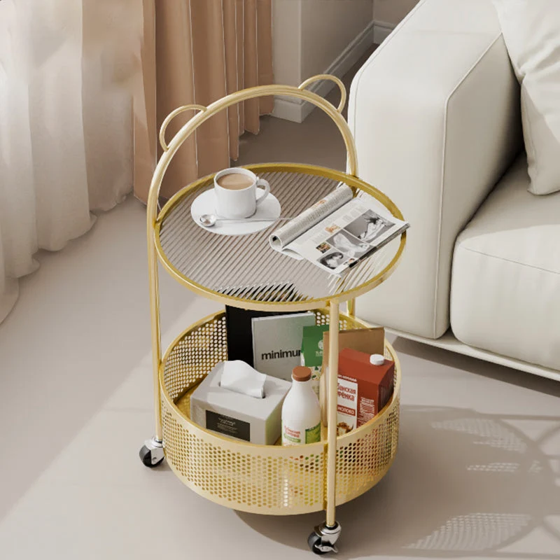 Contemporary Simplicity Round Glass Iron Top Movable Side Table 2-Tier Storage Shelves For Living Room