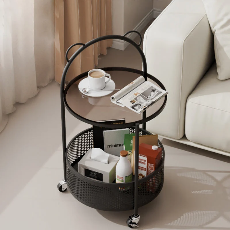 Contemporary Simplicity Round Glass Iron Top Movable Side Table 2-Tier Storage Shelves For Living Room