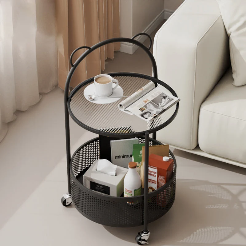 Contemporary Simplicity Round Glass Iron Top Movable Side Table 2-Tier Storage Shelves For Living Room