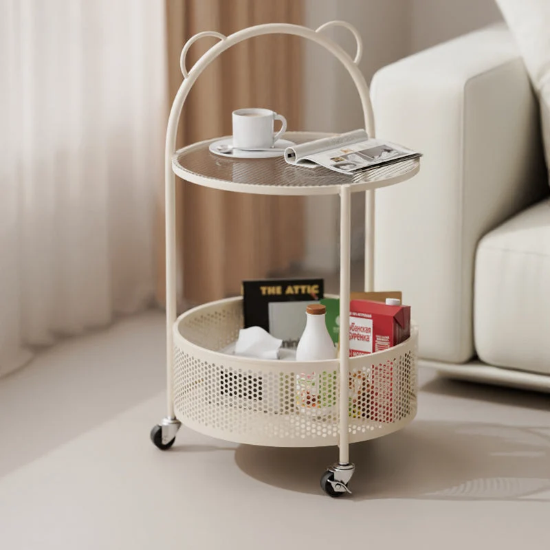 Contemporary Simplicity Round Glass Iron Top Movable Side Table 2-Tier Storage Shelves For Living Room
