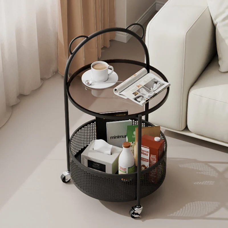 Contemporary Simplicity Round Glass Iron Top Movable Side Table 2-Tier Storage Shelves For Living Room