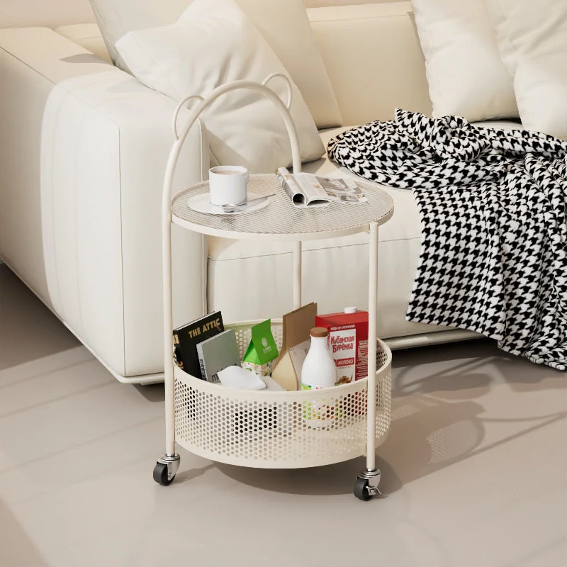 Contemporary Simplicity Round Glass Iron Top Movable Side Table 2-Tier Storage Shelves For Living Room