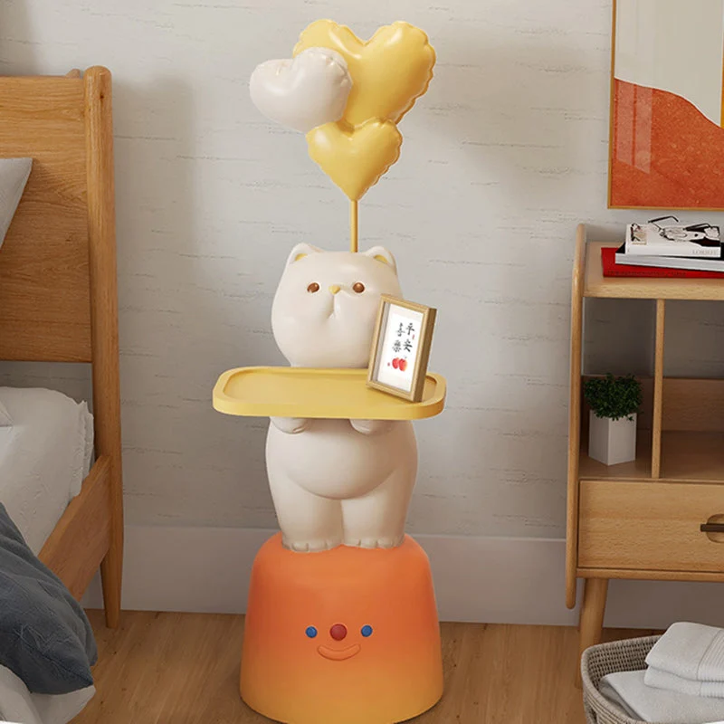 Modern Art Deco Kids Cat Rectangular Resin Metal MDF Soft PVC End Table 1-Tray With LED Light For Bedroom