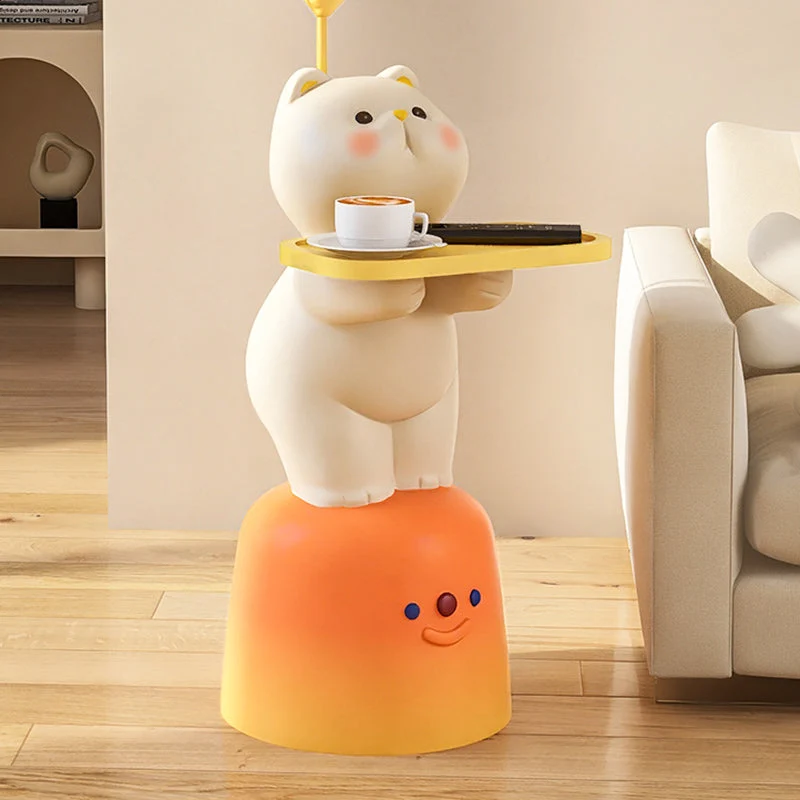 Modern Art Deco Kids Cat Rectangular Resin Metal MDF Soft PVC End Table 1-Tray With LED Light For Bedroom