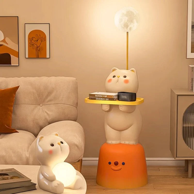 Modern Art Deco Kids Cat Rectangular Resin Metal MDF Soft PVC End Table 1-Tray With LED Light For Bedroom