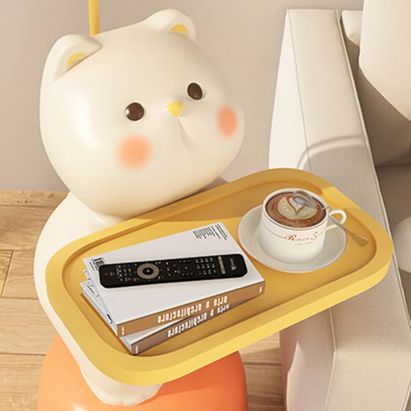 Modern Art Deco Kids Cat Rectangular Resin Metal MDF Soft PVC End Table 1-Tray With LED Light For Bedroom