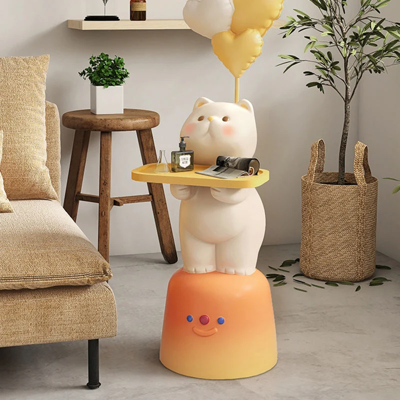 Modern Art Deco Kids Cat Rectangular Resin Metal MDF Soft PVC End Table 1-Tray With LED Light For Bedroom