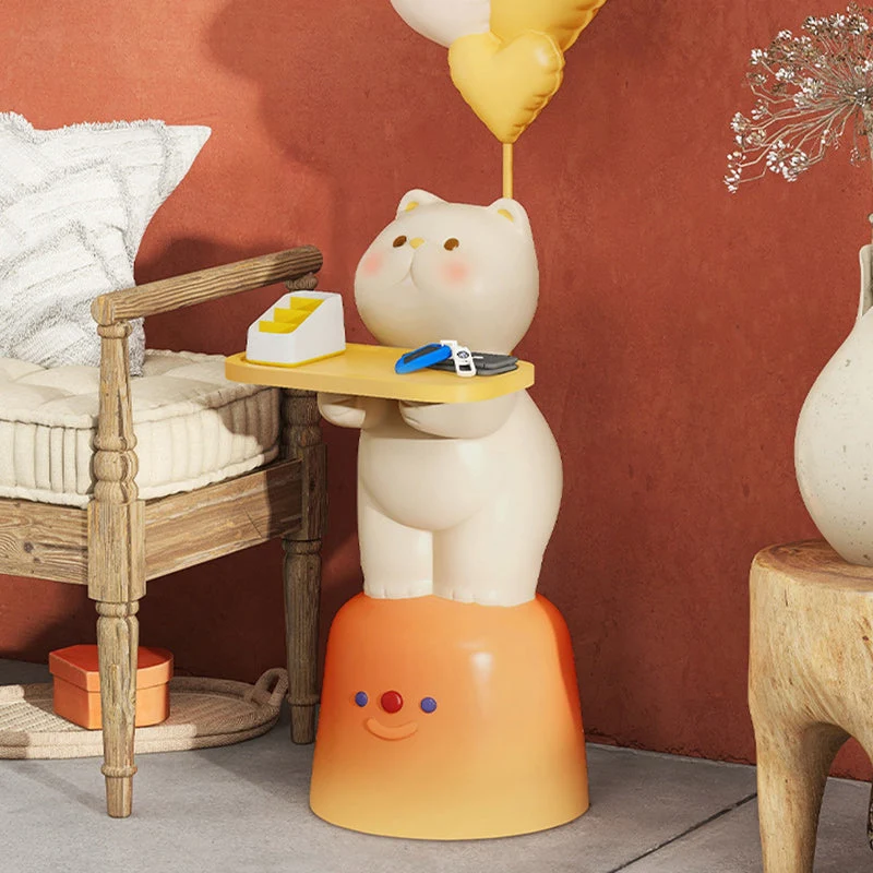 Modern Art Deco Kids Cat Rectangular Resin Metal MDF Soft PVC End Table 1-Tray With LED Light For Bedroom