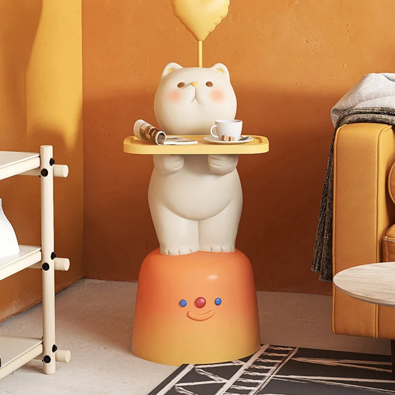 Modern Art Deco Kids Cat Rectangular Resin Metal MDF Soft PVC End Table 1-Tray With LED Light For Bedroom