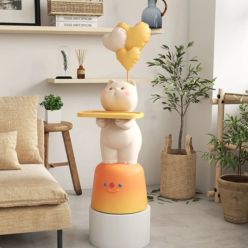 Modern Art Deco Kids Cat Rectangular Resin Metal MDF Soft PVC End Table 1-Tray With LED Light For Bedroom