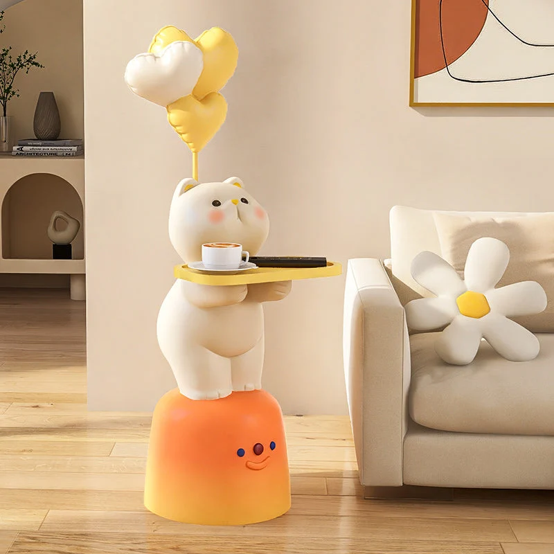 Modern Art Deco Kids Cat Rectangular Resin Metal MDF Soft PVC End Table 1-Tray With LED Light For Bedroom
