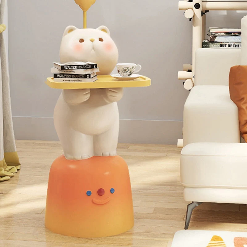 Modern Art Deco Kids Cat Rectangular Resin Metal MDF Soft PVC End Table 1-Tray With LED Light For Bedroom
