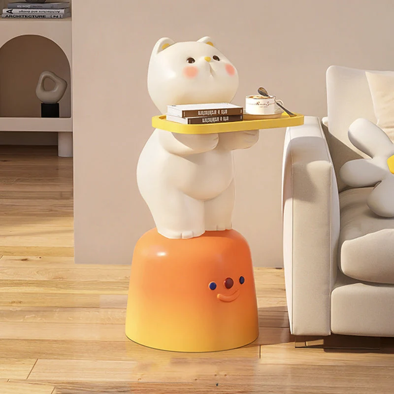 Modern Art Deco Kids Cat Rectangular Resin Metal MDF Soft PVC End Table 1-Tray With LED Light For Bedroom