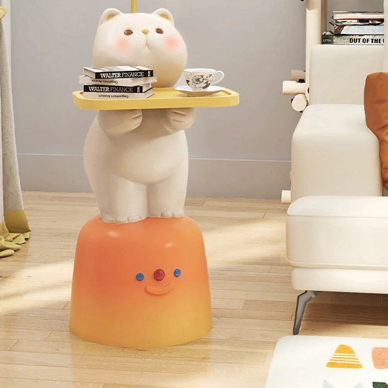 Modern Art Deco Kids Cat Rectangular Resin Metal MDF Soft PVC End Table 1-Tray With LED Light For Bedroom