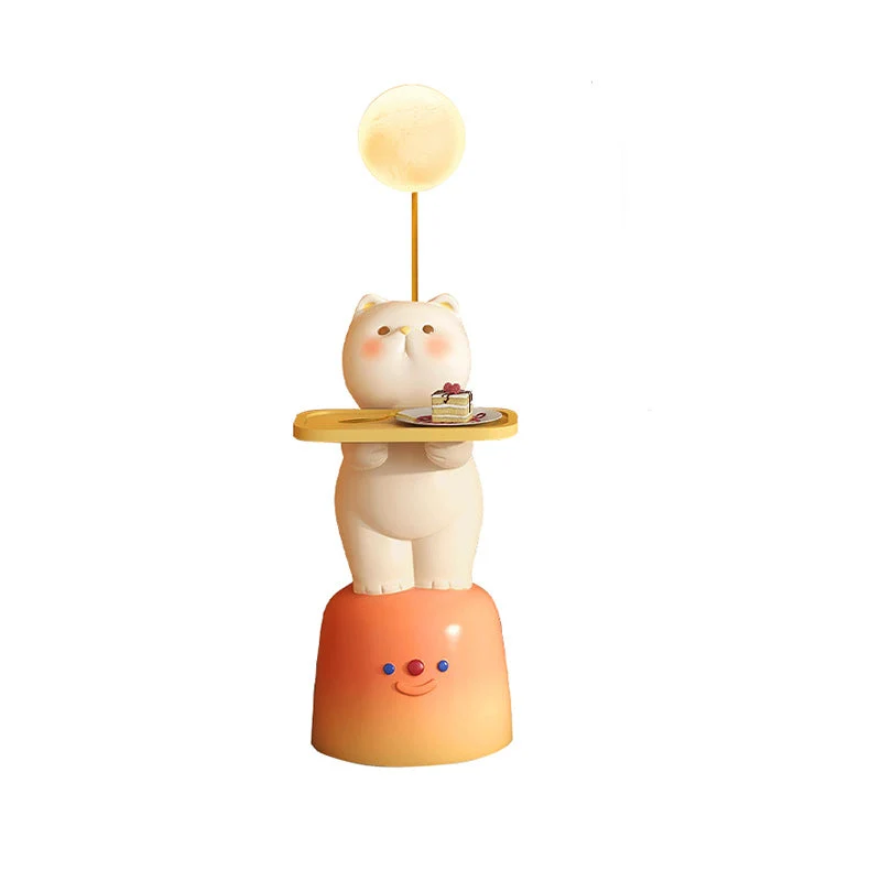 Modern Art Deco Kids Cat Rectangular Resin Metal MDF Soft PVC End Table 1-Tray With LED Light For Bedroom