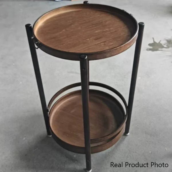 Traditional Chinese Round Bamboo Tray Top End Table 2-Tier For Living Room