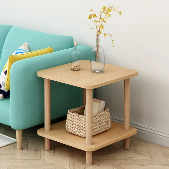 Traditional Japanese Square MDF Pine Wood End Table 2-Tier For Living Room