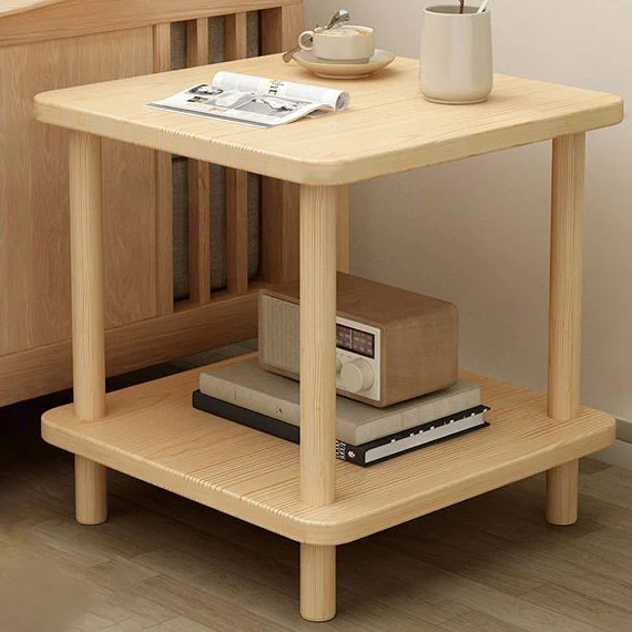 Traditional Japanese Square MDF Pine Wood End Table 2-Tier For Living Room