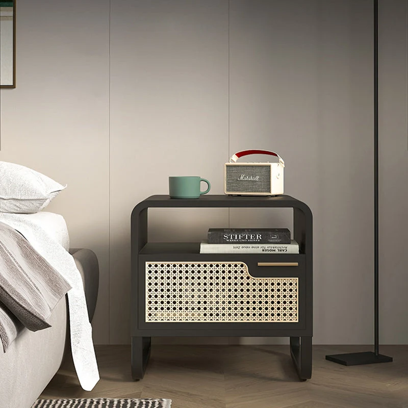 Modern Minimalist Rectangular Ash Wood Plywood Indonesian Rattan Nightstand 1-Drawer For Bedroom