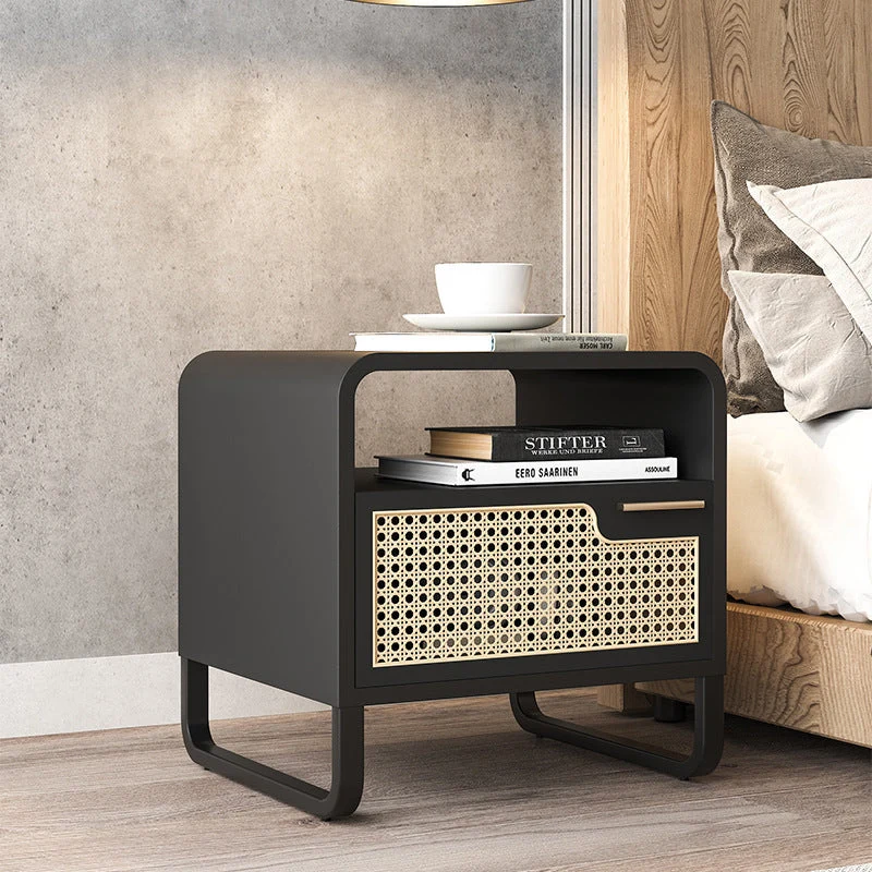 Modern Minimalist Rectangular Ash Wood Plywood Indonesian Rattan Nightstand 1-Drawer For Bedroom