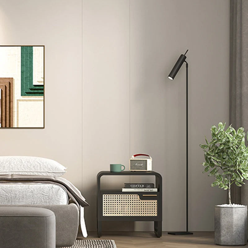 Modern Minimalist Rectangular Ash Wood Plywood Indonesian Rattan Nightstand 1-Drawer For Bedroom