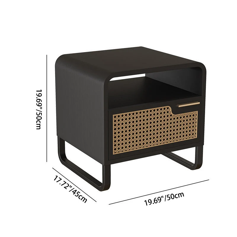 Modern Minimalist Rectangular Ash Wood Plywood Indonesian Rattan Nightstand 1-Drawer For Bedroom