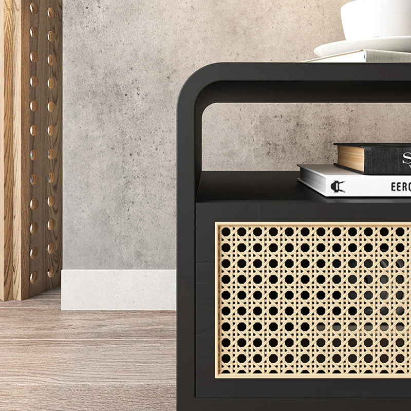 Modern Minimalist Rectangular Ash Wood Plywood Indonesian Rattan Nightstand 1-Drawer For Bedroom