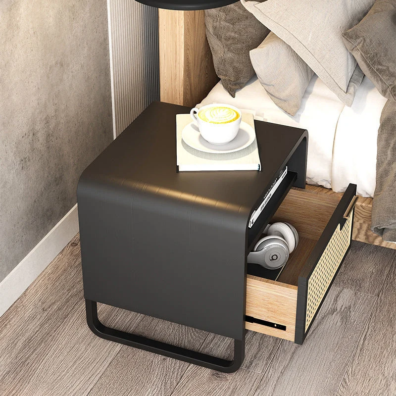 Modern Minimalist Rectangular Ash Wood Plywood Indonesian Rattan Nightstand 1-Drawer For Bedroom