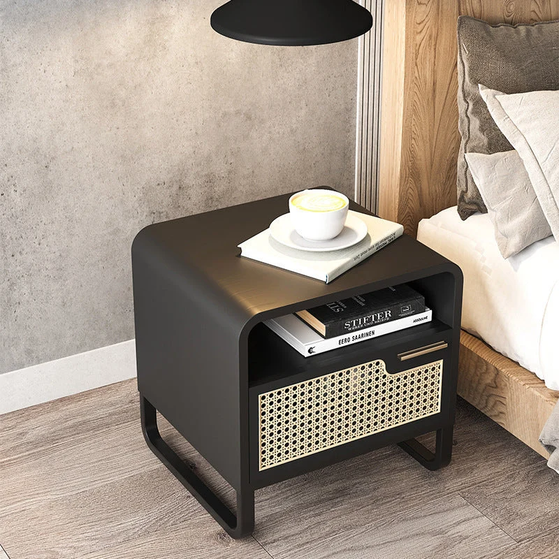 Modern Minimalist Rectangular Ash Wood Plywood Indonesian Rattan Nightstand 1-Drawer For Bedroom