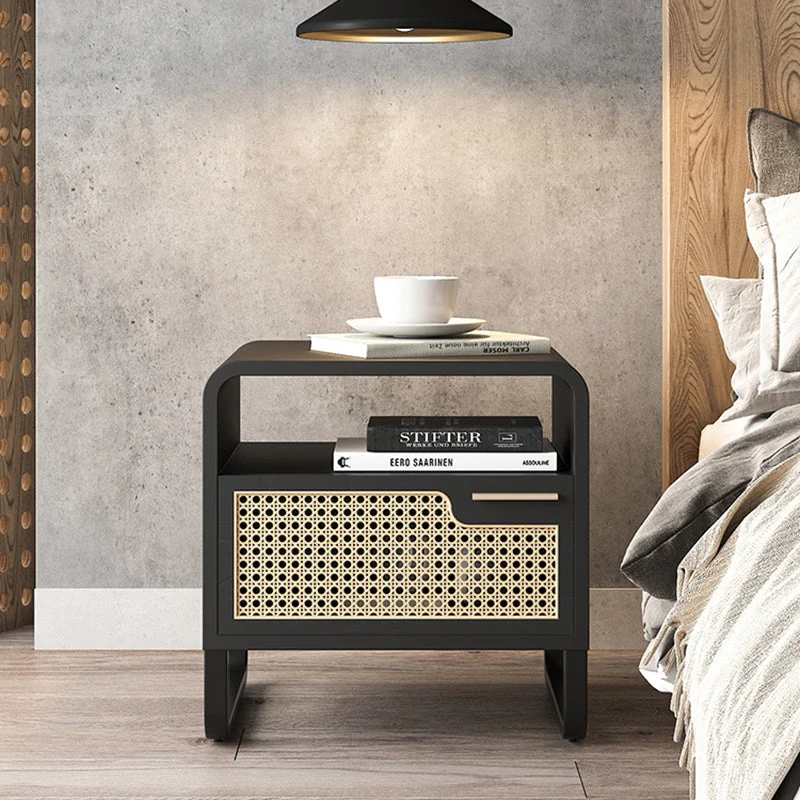 Modern Minimalist Rectangular Ash Wood Plywood Indonesian Rattan Nightstand 1-Drawer For Bedroom