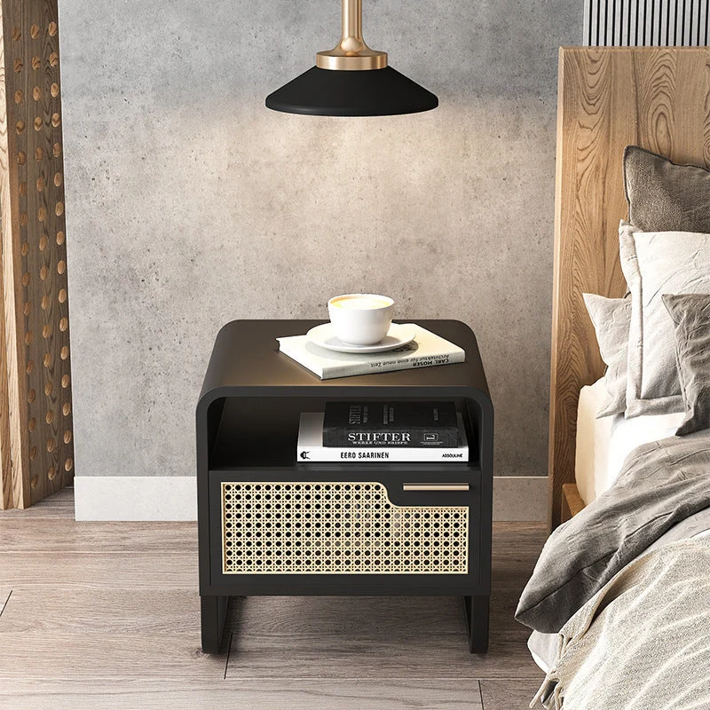 Modern Minimalist Rectangular Ash Wood Plywood Indonesian Rattan Nightstand 1-Drawer For Bedroom