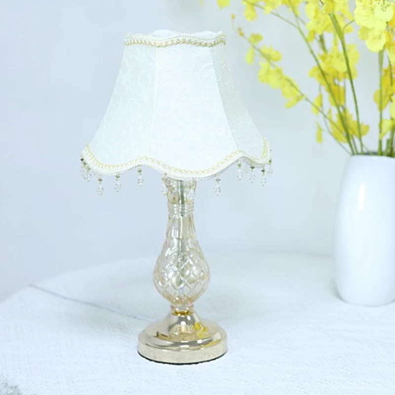 Traditional European Frustum Cone Fabric Metal Glass 1-Light Table Lamp For Bedroom