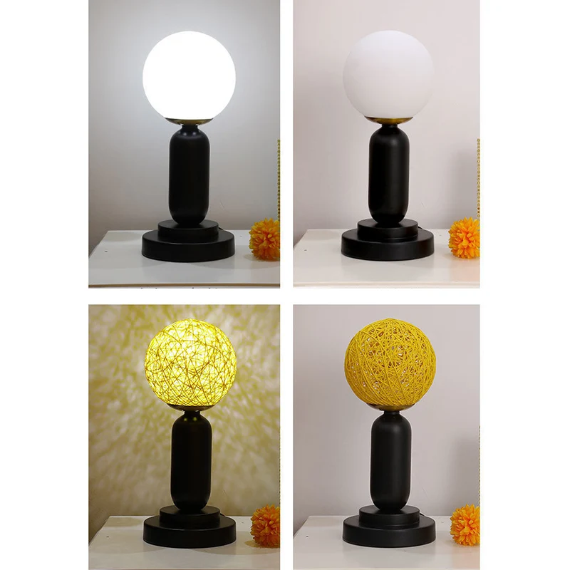 Contemporary Scandinavian Iron Glass Rattan Ball 1-Light Table Lamp For Bedside