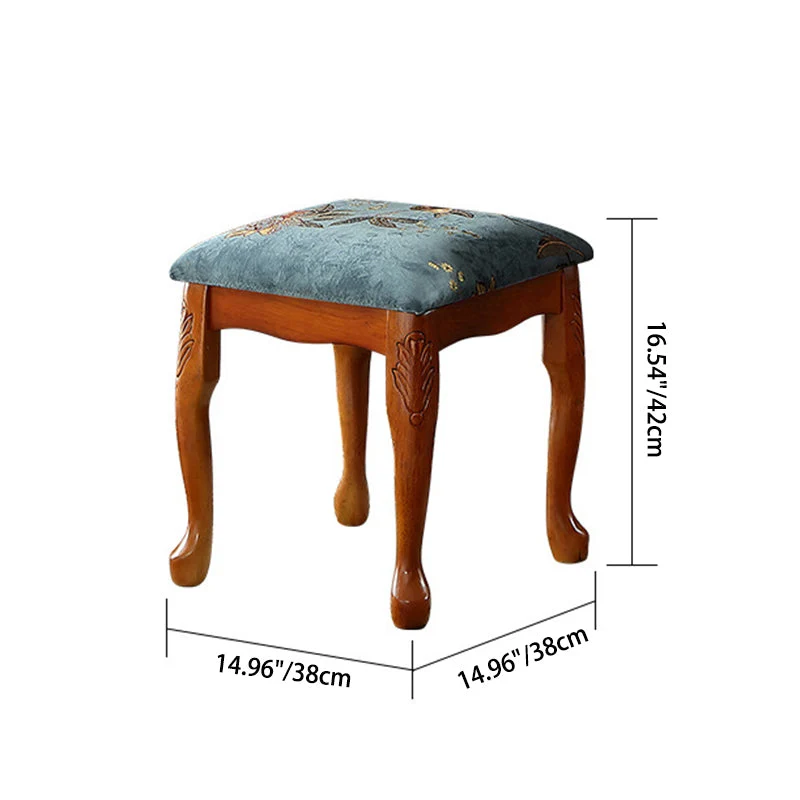 Traditional European Square Fabric Upholstered Rubberwood Carved Frame Vanity Stool For Bedroom
