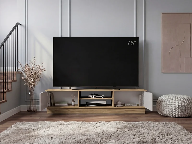 Mesa para TV Caobe, Fresno Europeo y Capri, para Televisor de hasta 75 Pulgadas con Cuatro Puertas