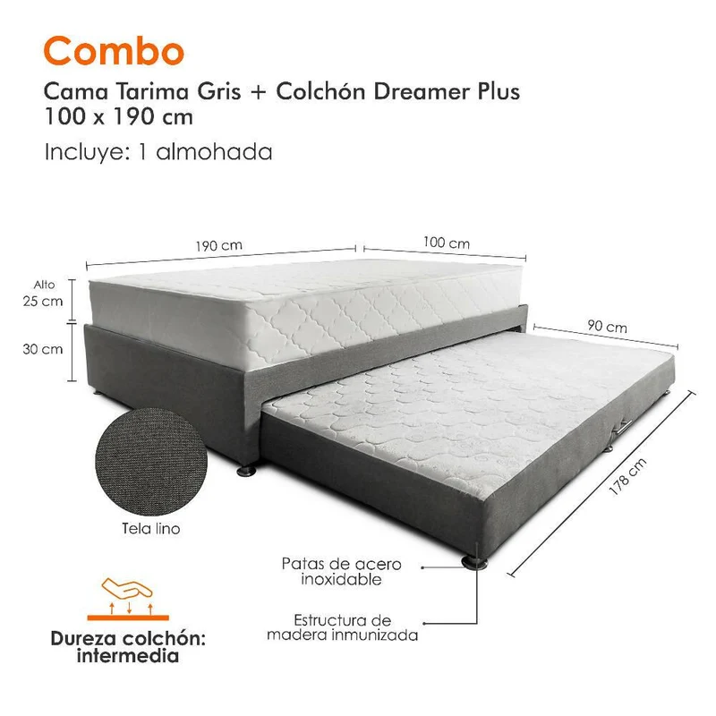 Combo de Cama Nido Tarima Café con Colchón Sencillo de 100x190 cm y 1 Almohada