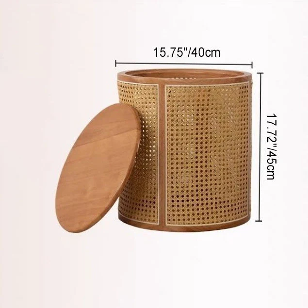 Traditional Japanese Weaving Round Cylinder Rubberwood Plastic Rattan End Table 1-Storage With Cover For Living Room