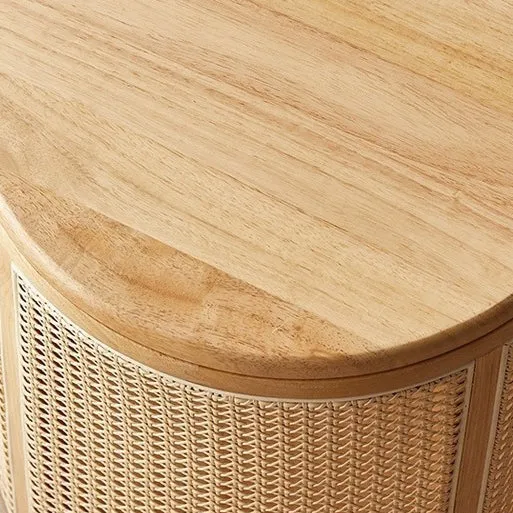 Traditional Japanese Weaving Round Cylinder Rubberwood Plastic Rattan End Table 1-Storage With Cover For Living Room