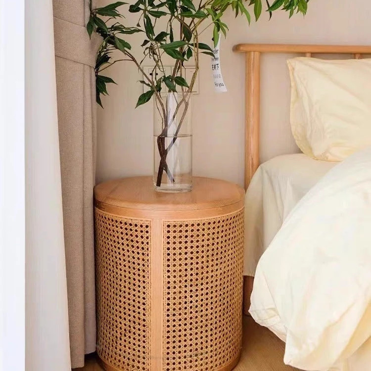 Traditional Japanese Weaving Round Cylinder Rubberwood Plastic Rattan End Table 1-Storage With Cover For Living Room