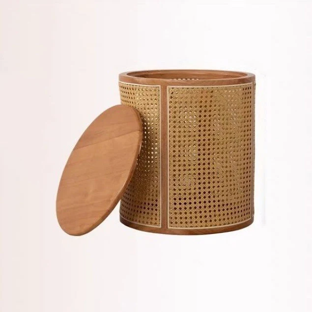 Traditional Japanese Weaving Round Cylinder Rubberwood Plastic Rattan End Table 1-Storage With Cover For Living Room